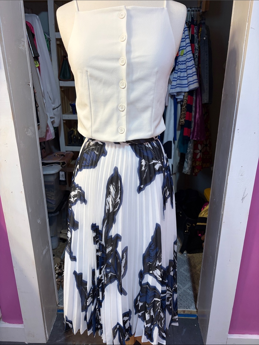 Banana Republic White Midi Skirt with Black Floral Print